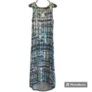 NICOLE MILLER Dress Maxi Tie Dye Sleeveless Hi Lo Keyhole Stretch Blue Size M